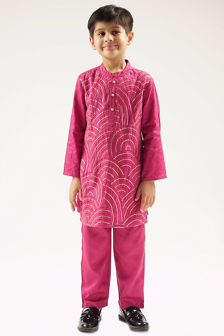 Wine Cotton Gota Lace Embroidered Kurta Set For Boys by Lil Drama