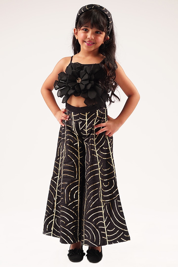 Black Cotton Gota Lace & 3D Floral Embroidered Jumpsuit For Girls by Lil Drama at Pernia's Pop Up Shop