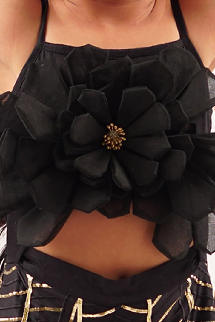 Black Cotton Gota Lace & 3D Floral Embroidered Jumpsuit For Girls by Lil Drama at Pernia's Pop Up Shop