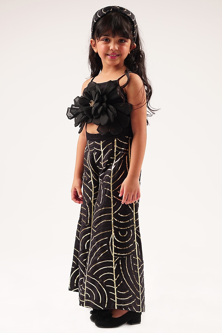 Black Cotton Gota Lace & 3D Floral Embroidered Jumpsuit For Girls by Lil Drama at Pernia's Pop Up Shop