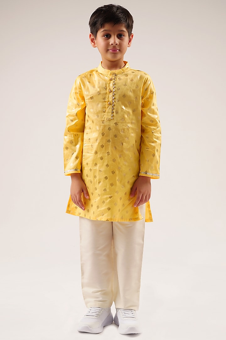 Yellow Cotton Foil Printed & Gota Lace Embroidered Kurta Set For Boys by Lil Drama