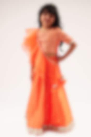 Orange Cotton Foil Printed & Gota Patti Lehenga Set For Girls by Lil Drama