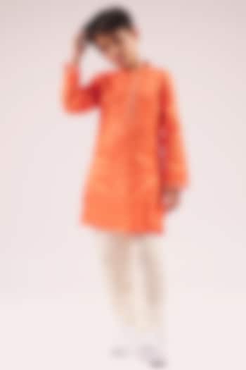 Orange Cotton Gota Lace Embroidered Kurta Set For Boys by Lil Drama