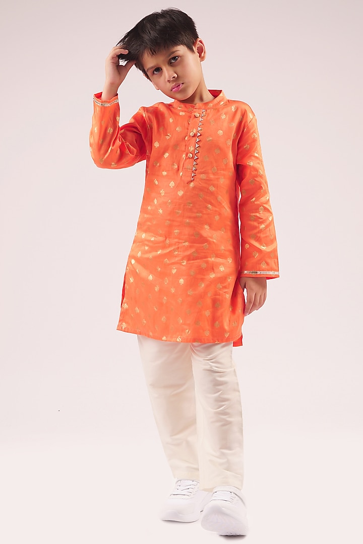 Orange Cotton Gota Lace Embroidered Kurta Set For Boys by Lil Drama