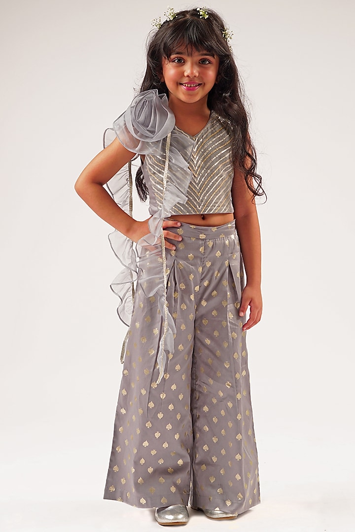 Grey Cotton Foil Printed & Gota Patti Embroidered Co-Ord Set For Girls by Lil Drama