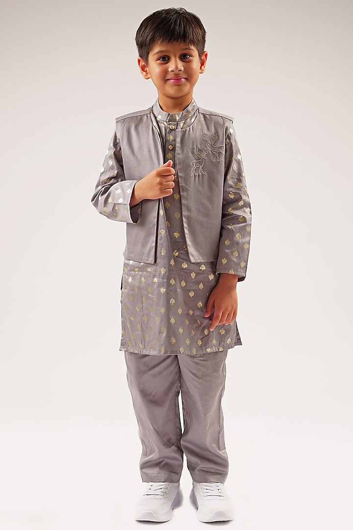 Grey Cotton Foil Printed Nehru Jacket Set For Boys by Lil Drama