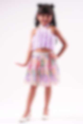 Lavender Shimmer Printed Skirt Set For Girls by Lil Drama at Pernia's Pop Up Shop