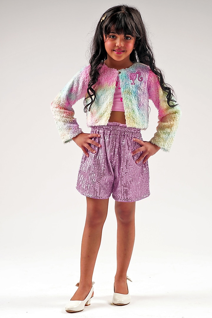 Pink Polyester Colourful Fur Crop Shrug For Girls by Lil Drama