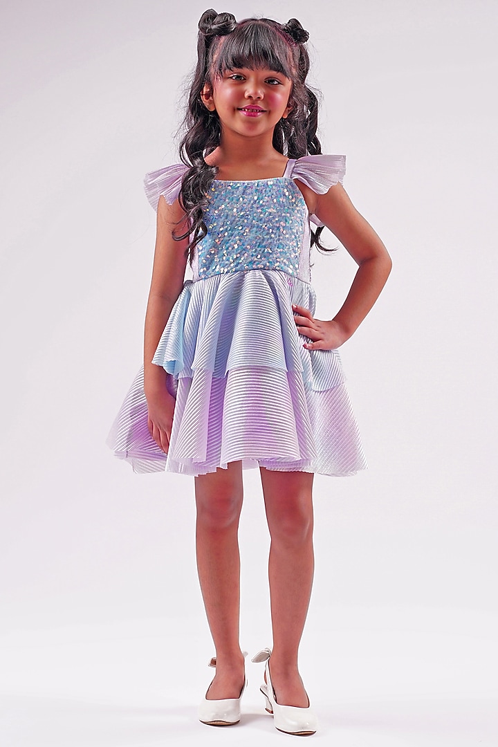 Blue Polyester Sequins Pleated Dress For Girls by Lil Drama