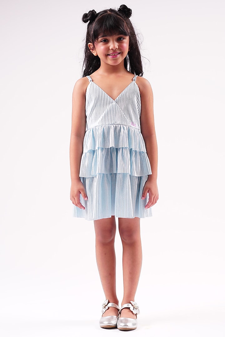 Blue Polyester Pleated Dress For Girls by Lil Drama