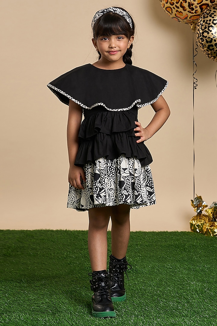 Black Cotton Leopard Printed Dress For Girls by Lil Drama at Pernia's Pop Up Shop