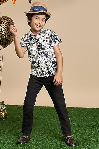 Black Cotton Leopard Printed Shirt For Boys by Lil Drama