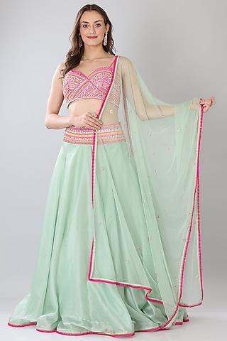 Sea Green Satin Organza Lehenga Set by Lilac