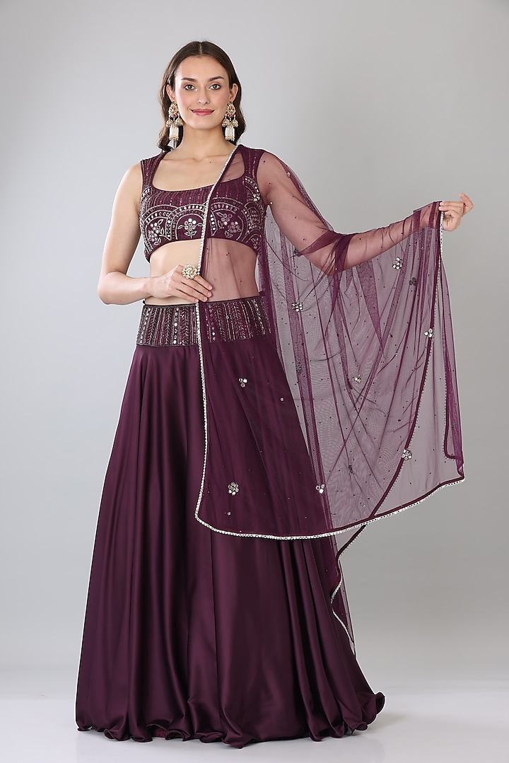 Wine Satin Lehenga Set by Lilac