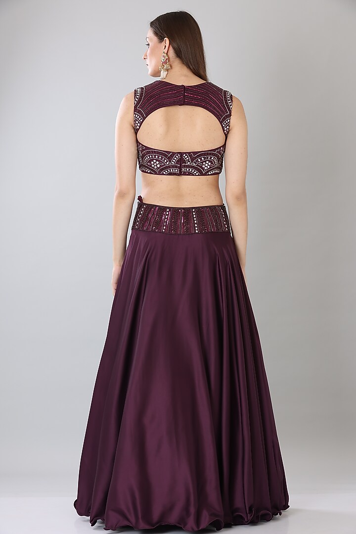 Wine Satin Wedding Lehenga Set by Lilac at Pernia's Pop Up Shop