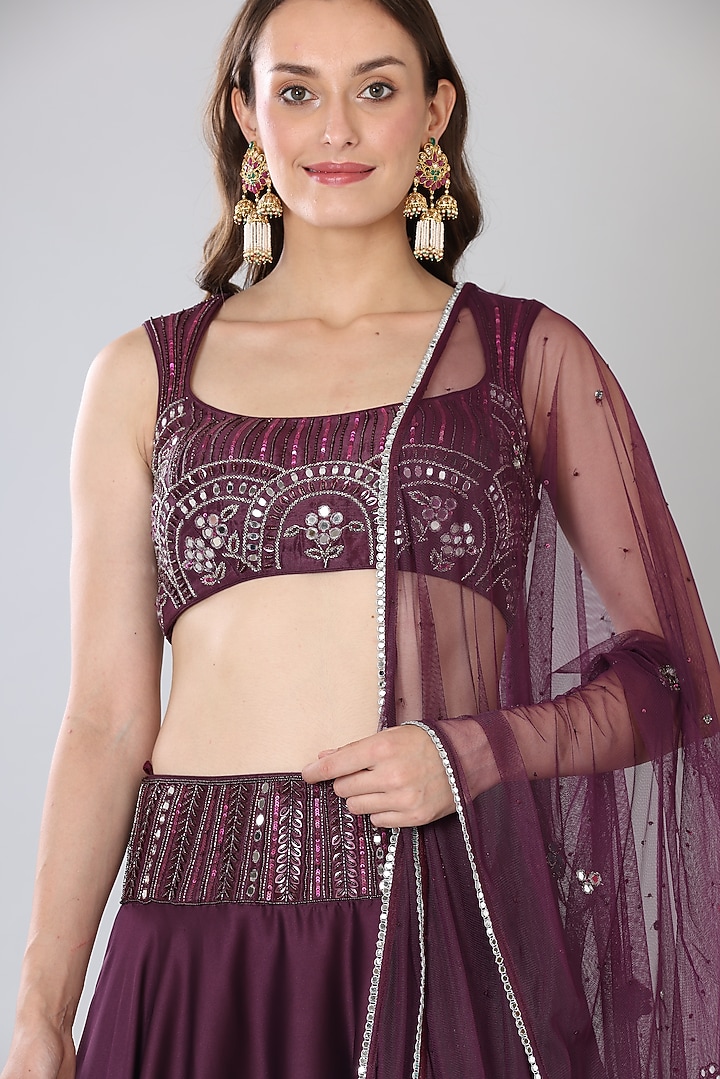 Wine Satin Wedding Lehenga Set by Lilac at Pernia's Pop Up Shop
