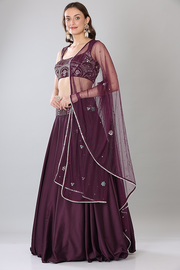 Wine Satin Wedding Lehenga Set by Lilac at Pernia's Pop Up Shop