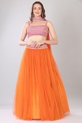 Orange Net Lehenga Set by Lilac