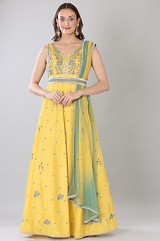 Dark Yellow Upada Silk Anarkali Set by Lilac
