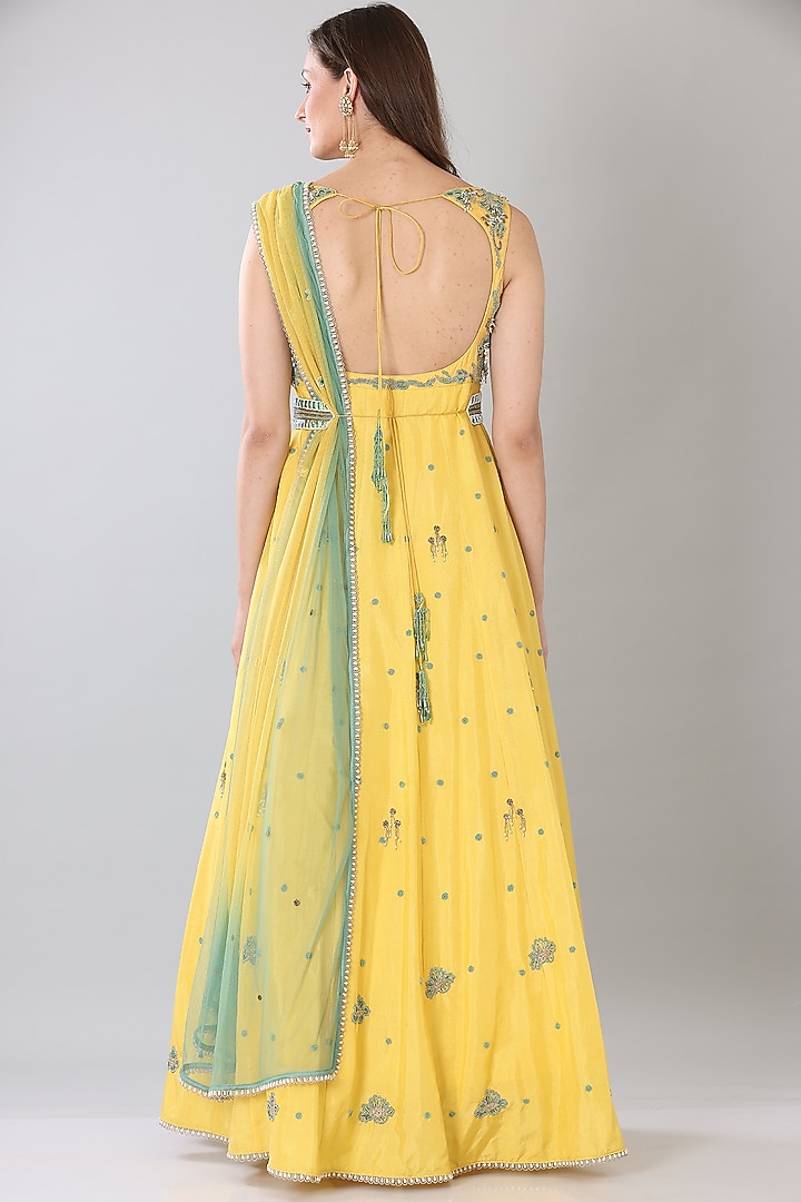 Dark Yellow Upada Silk Wedding Anarkali Set by Lilac at Pernia's Pop Up Shop