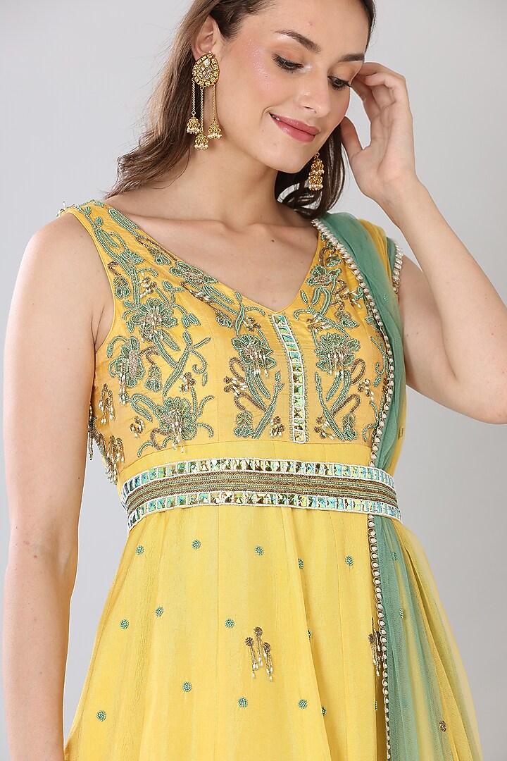Dark Yellow Upada Silk Wedding Anarkali Set by Lilac at Pernia's Pop Up Shop