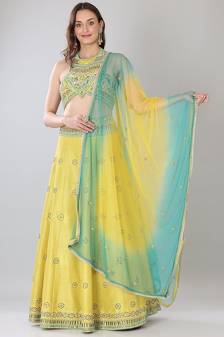Neon Yellow Embroidered Lehenga Set by Lilac