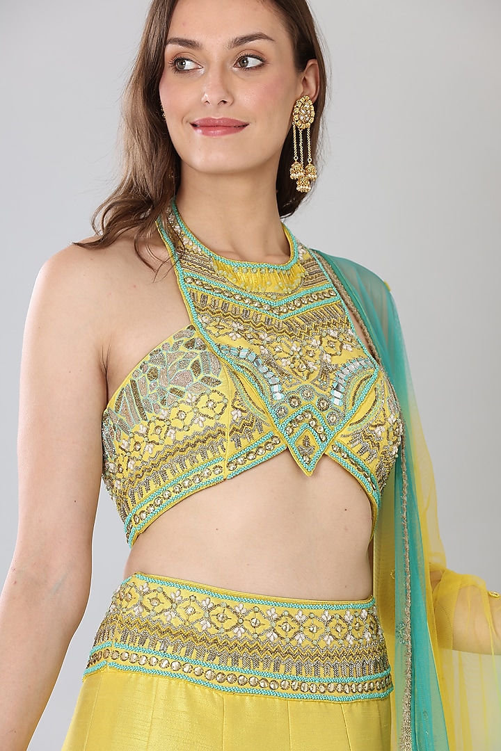 Neon Yellow Embroidered Wedding Lehenga Set by Lilac at Pernia's Pop Up Shop