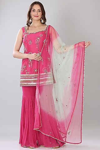 Fuchsia Georgette Gharara Set by Lilac