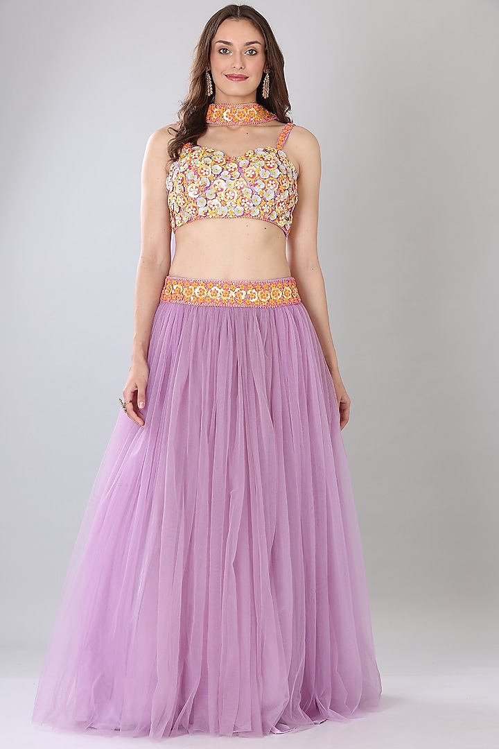 Lilac Floral Embroidered Lehenga Set by Lilac