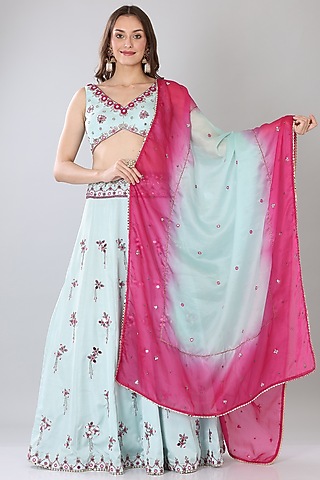 Sky Blue Embroidered Lehenga Set by Lilac