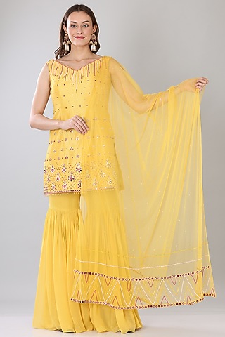 Yellow Georgette Gharara Set by Lilac