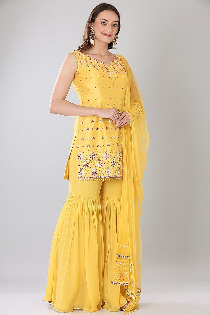 Yellow Georgette Gharara Set by Lilac at Pernia's Pop Up Shop