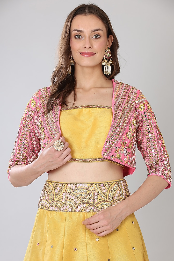 Mango Yellow Dupion Jacket Wedding Lehenga Set by Lilac at Pernia's Pop Up Shop