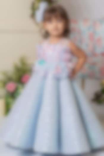 Blue Net & Silk Feather Gown For Girls by Li'l Angels