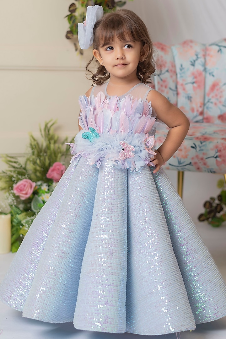 Blue Net & Silk Feather Gown For Girls by Li'l Angels at Pernia's Pop Up Shop