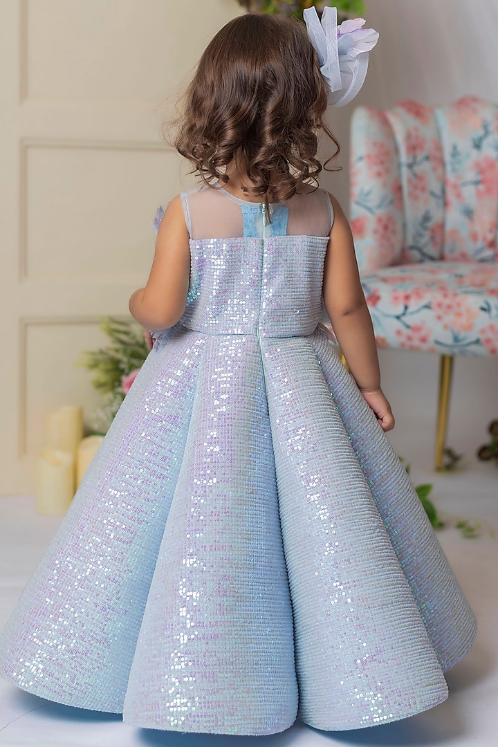 Blue Net & Silk Feather Gown For Girls by Li'l Angels at Pernia's Pop Up Shop