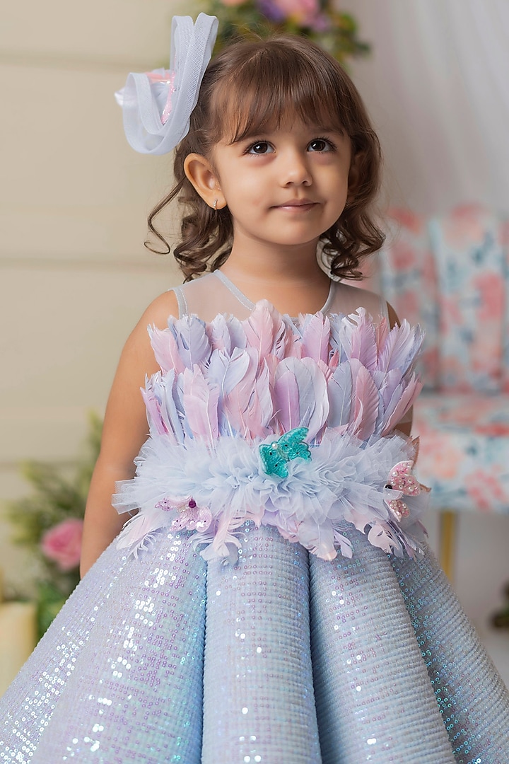Blue Net & Silk Feather Gown For Girls by Li'l Angels at Pernia's Pop Up Shop