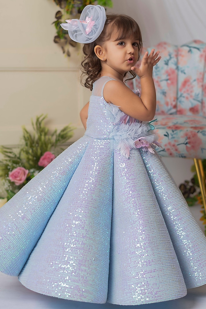 Blue Net & Silk Feather Gown For Girls by Li'l Angels at Pernia's Pop Up Shop