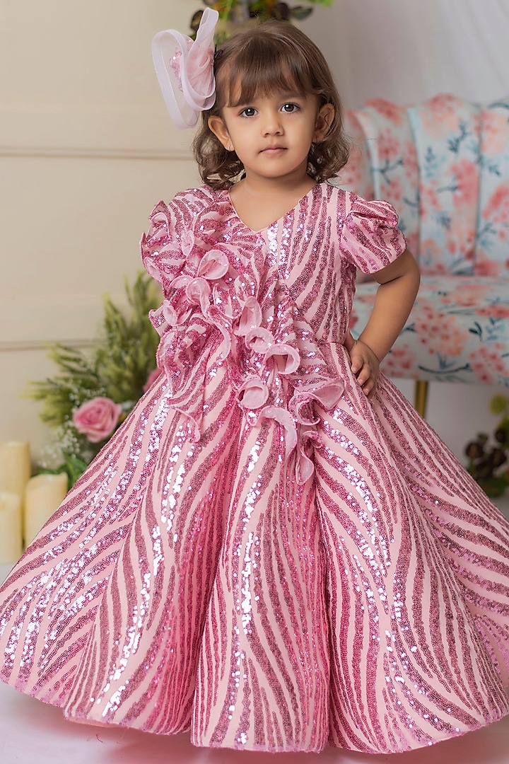Pink Net & Silk Ruffled Gown For Girls by Li'l Angels
