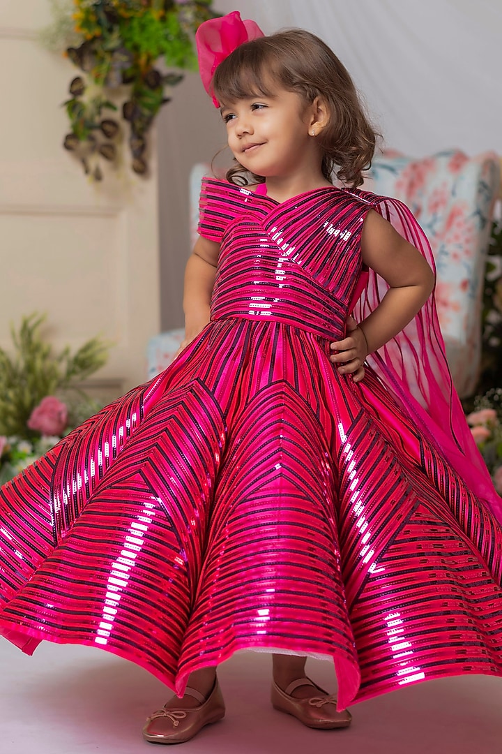 Pink Silk & Organza Gown For Girls by Li'l Angels at Pernia's Pop Up Shop