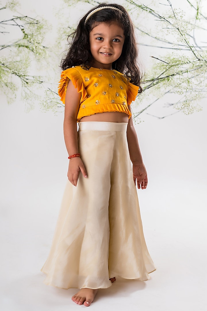 Beige Chanderi Silk & Roman Silk Palazzo Pant Set For Girls by Li'l Angels