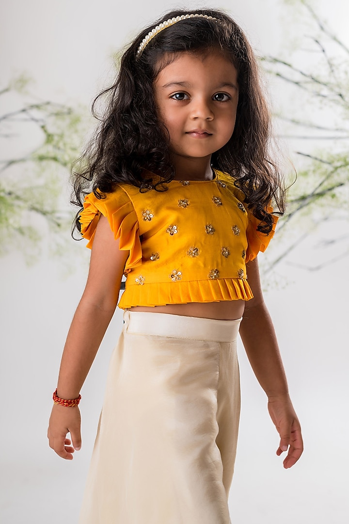 Beige Chanderi Silk Roman Silk Palazzo Pant Set For Girls by Li'l Angels  at Pernia's Pop Up Shop