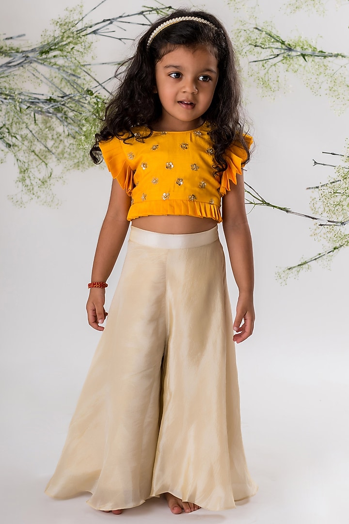 Beige Chanderi Silk & Roman Silk Palazzo Pant Set For Girls by Li'l Angels at Pernia's Pop Up Shop