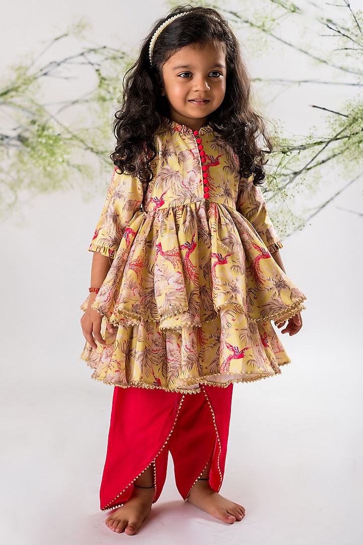 Rani Pink Roman Silk & Koyri Silk Dhoti Set For Girls by Li'l Angels