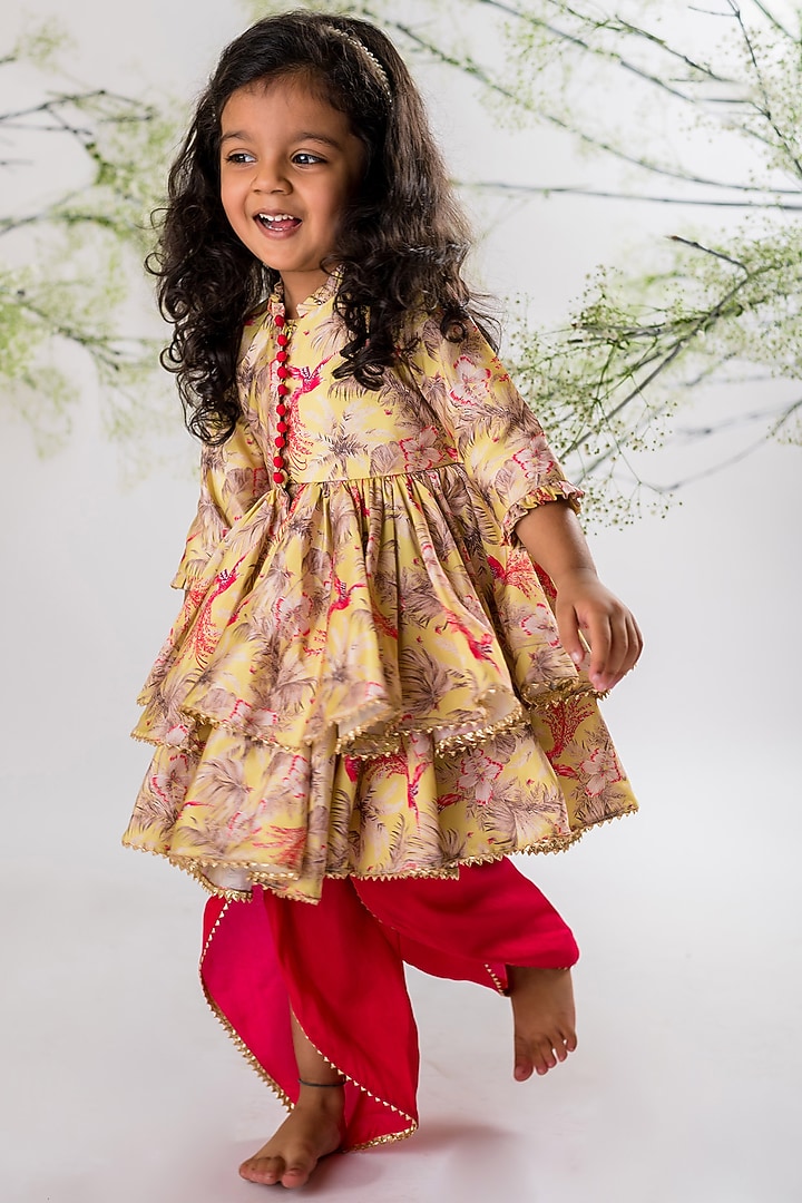 Rani Pink Roman Silk & Koyri Silk Dhoti Set For Girls by Li'l Angels at Pernia's Pop Up Shop