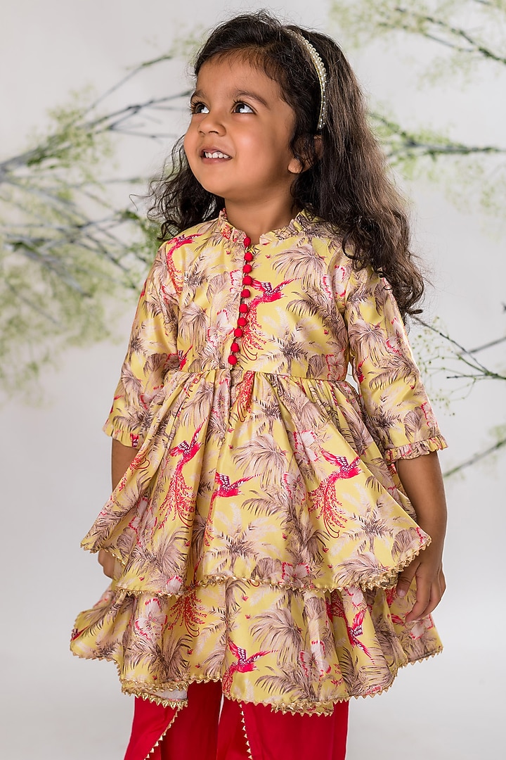 Rani Pink Roman Silk & Koyri Silk Dhoti Set For Girls by Li'l Angels at Pernia's Pop Up Shop