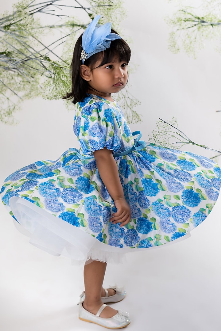 Blue Crepe Printed Dress For Girls by Li'l Angels