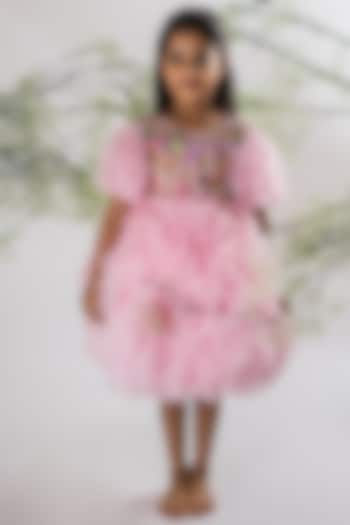 Pink Net & Dupion Embroidered Ruffle Dress For Girls by Li'l Angels