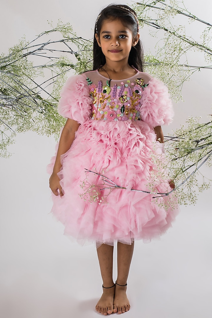 Pink Net & Dupion Embroidered Ruffle Dress For Girls by Li'l Angels