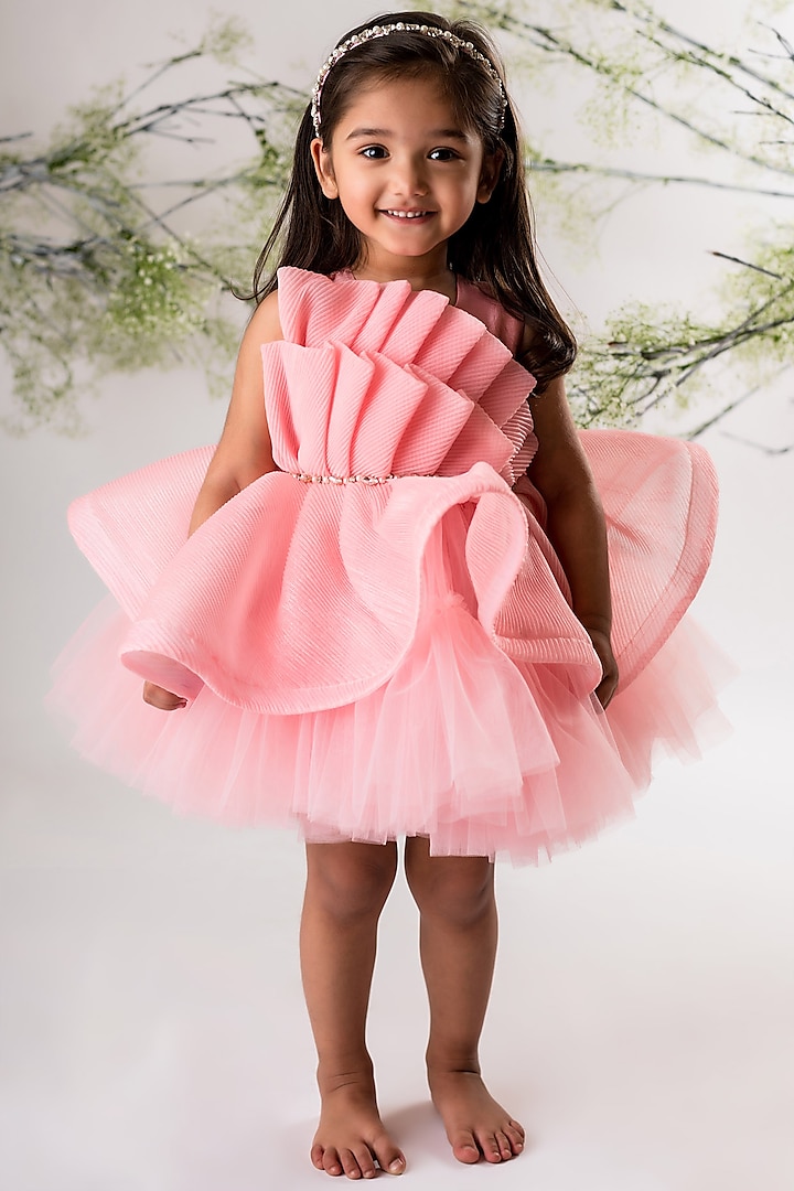 Pink Net & Organza Pleated Dress For Girls by Li'l Angels